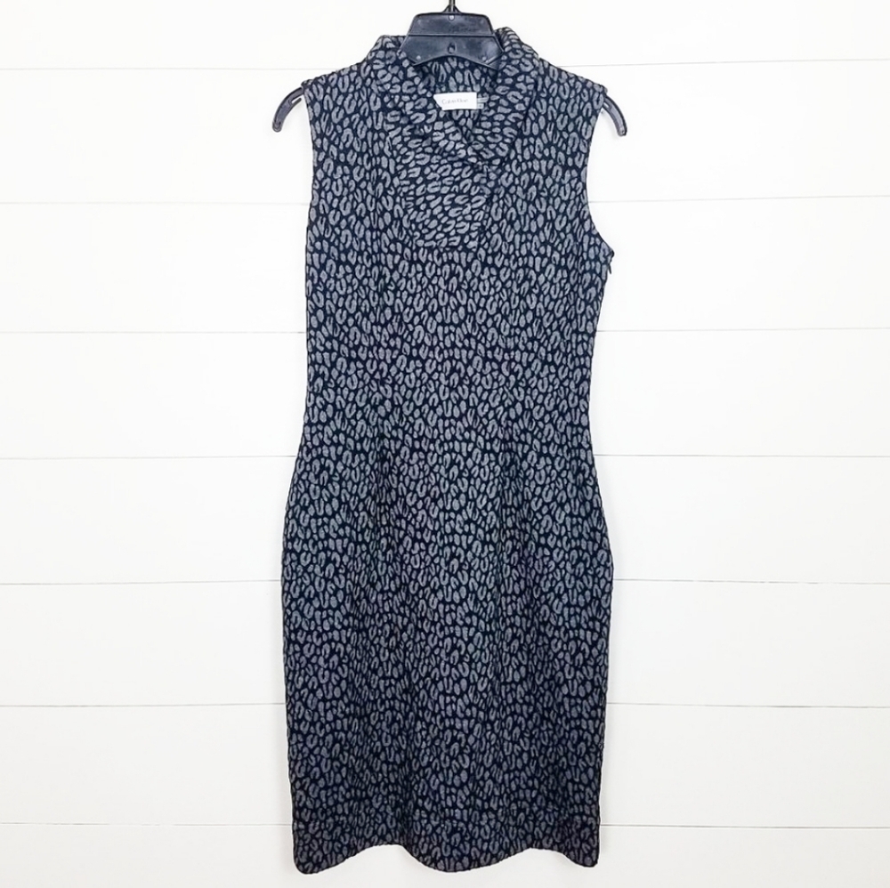 Calvin Klein Grey Black Stretch Knit Leopard Sheath Dress 4